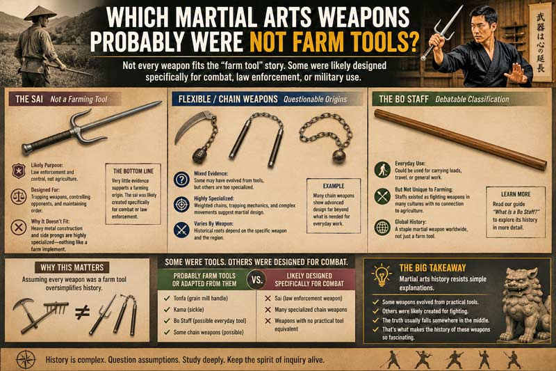 Which martial arts weapons were probably not farm tools showing sai, chain weapons, bo staff history, and the debate over combat versus farming origins