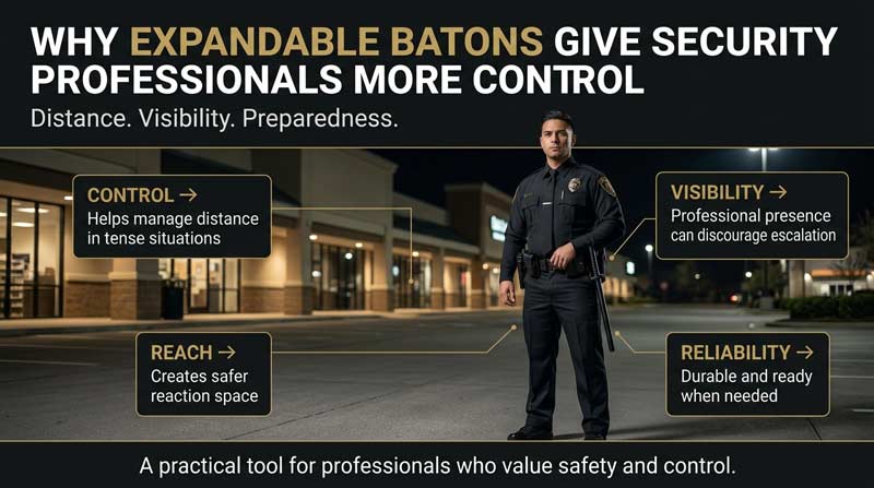 Expandable baton control and security professional infographic