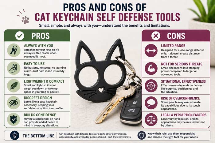 infographic showing pros and cons of cat self-defense keychains.