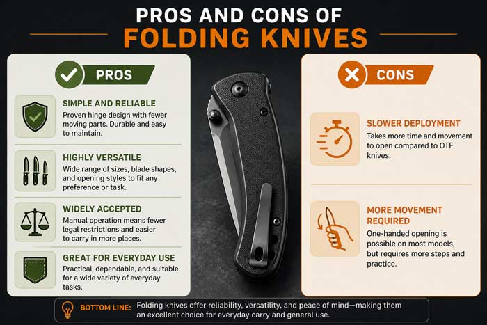 Infographic showing pros and cons of folding knives, highlighting reliability, versatility, and slower deployment