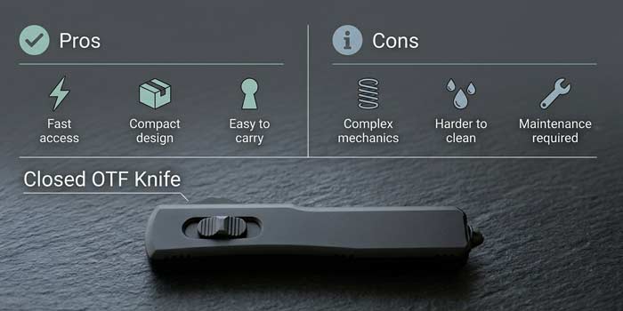 Infographic showing pros and cons of an OTF knife with icons for speed, compact design, and maintenance considerations