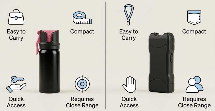 Side-by-side comparison of safety spray and compact electronic device with labeled pros and cons in a clean infographic layout