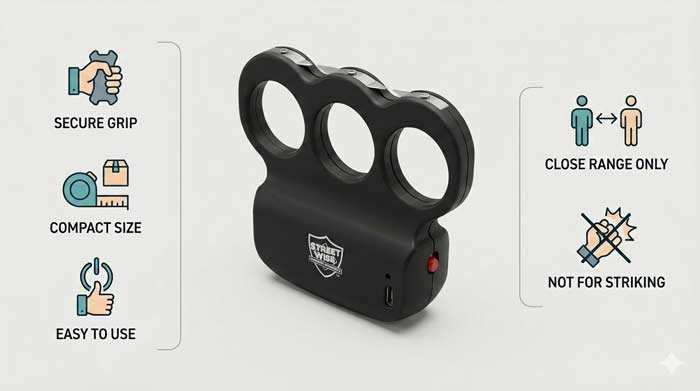 infographic style image showing stun knuckle device pros and cons