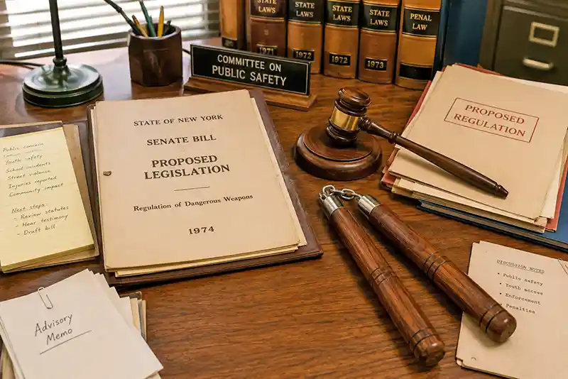Wooden nunchaku beside proposed 1974 weapon legislation on a government office desk