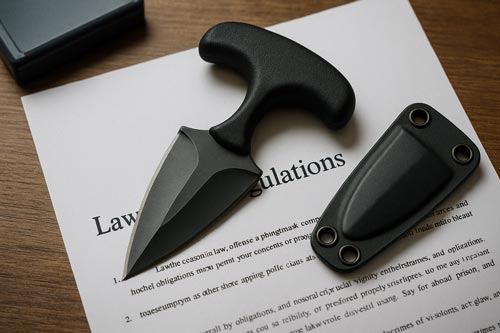 modern push dagger resting on a legal document about weapon regulations