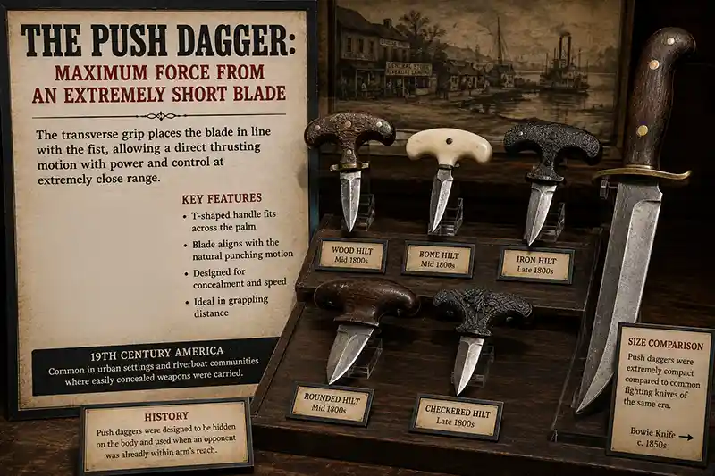 Historical push daggers with T-shaped handles and Bowie knife comparison