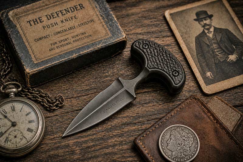 Push dagger displayed on rustic wood with vintage pocket watch, old photo, and frontier-inspired background.