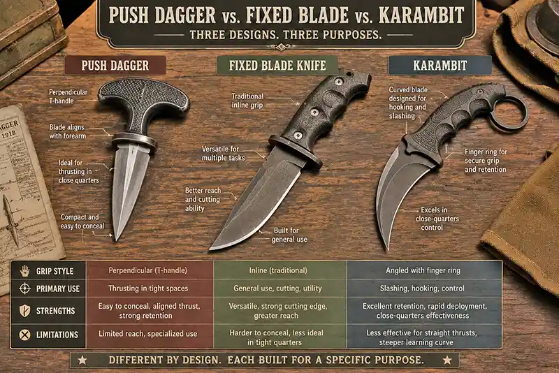 Comparison of a push dagger, fixed blade knife, and karambit showing their different designs.