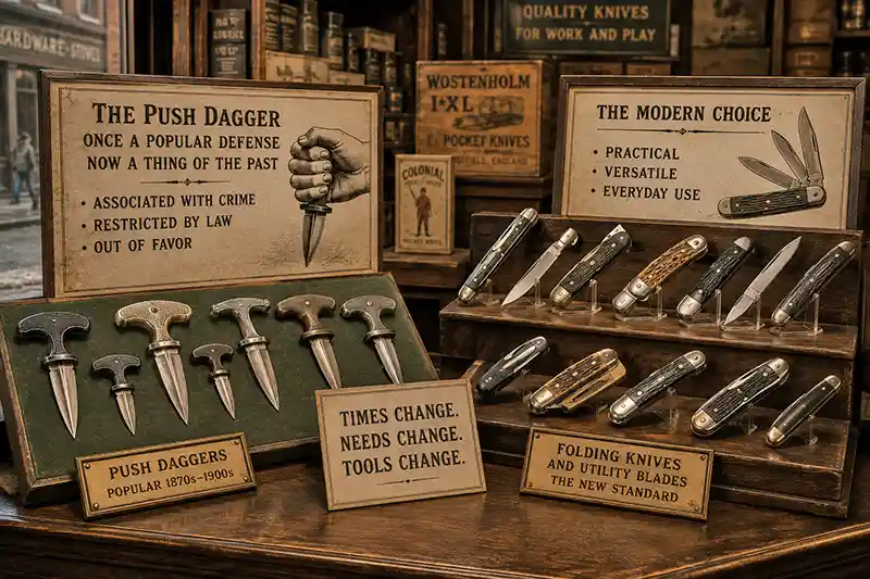 Vintage display comparing historic push daggers with early folding pocket knives.