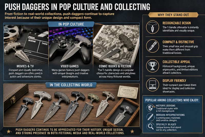 Infographic showing how push daggers appear in movies, video games, comics, and modern knife collecting culture without using recognizable characters