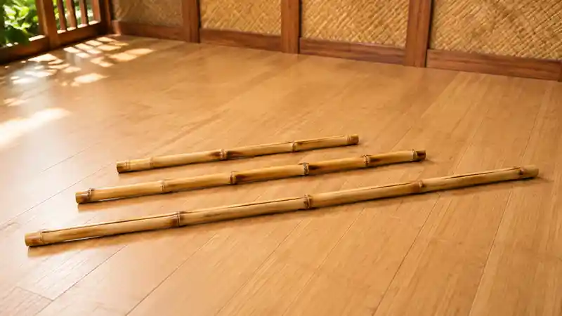 Three rattan escrima sticks showing different lengths on a dojo floor.