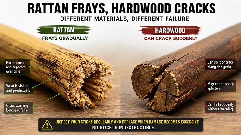 Frayed rattan escrima stick compared with cracked hardwood stick