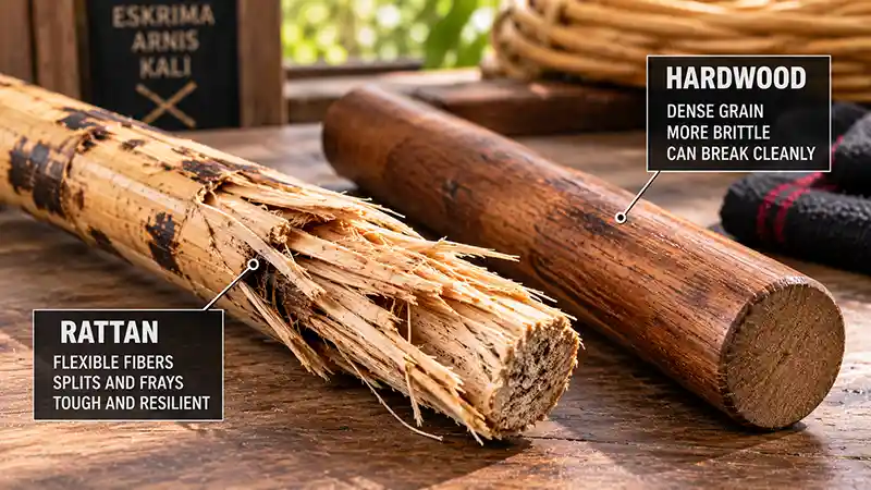 Damaged rattan escrima stick with frayed fibers compared to a solid hardwood stick