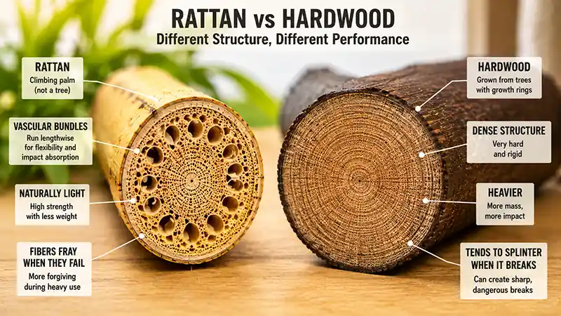 Rattan and hardwood internal structure comparison for escrima sticks