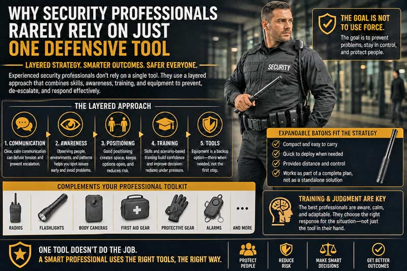 Security professional layered defense and expandable baton infographic