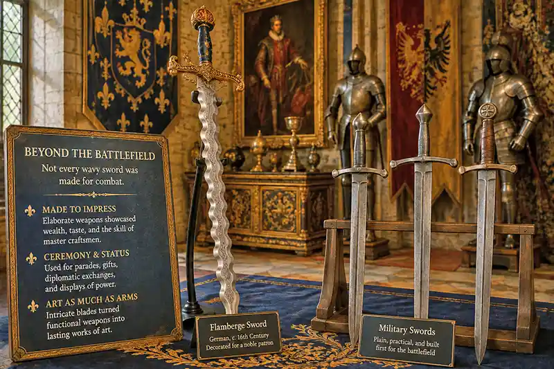 Ornate wavy-bladed flamberge displayed beside practical military swords