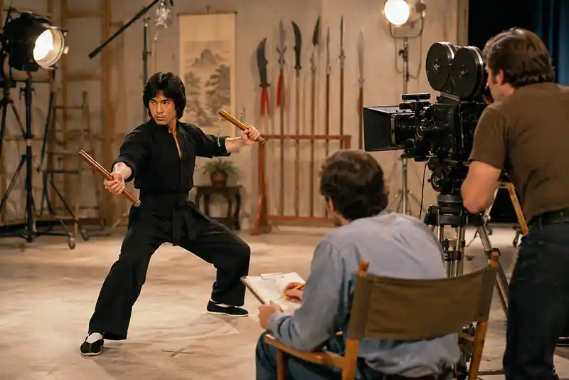 Generic martial arts performer demonstrating nunchaku on a retro film set