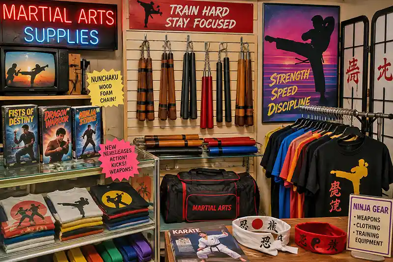 1980s-style martial arts shop displaying nunchaku and training equipment