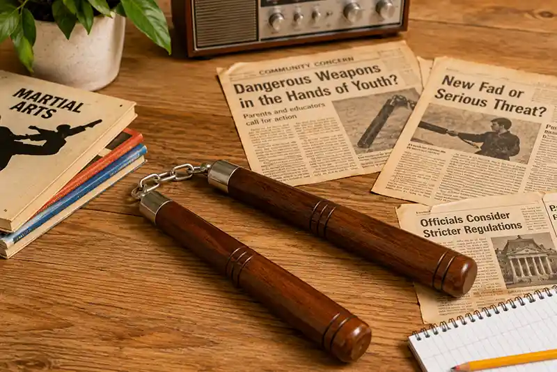 Wooden nunchaku beside 1970s-style newspaper clippings about public concern and weapon regulations