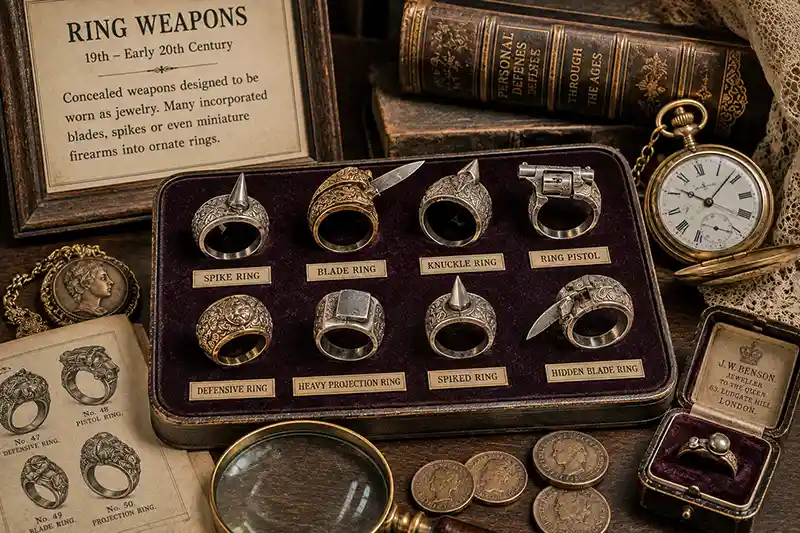 Antique ring weapons displayed with Victorian jewelry and pocket watch