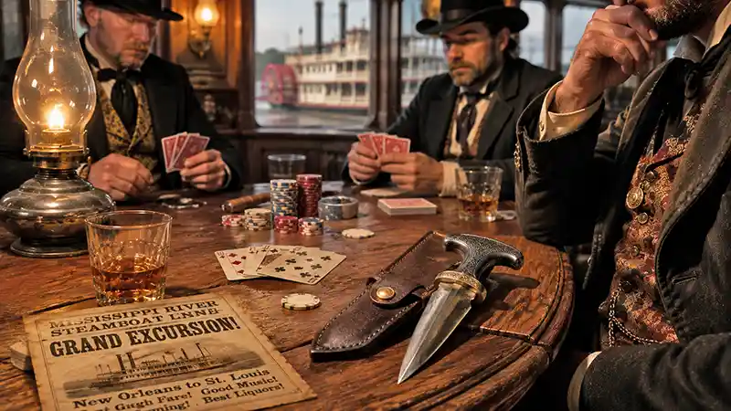 Riverboat gamblers playing cards with a push dagger resting on the table.