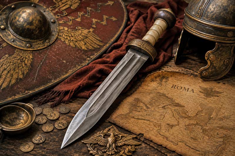 Roman gladius displayed with ancient shield, helmet, and map of the Roman Empire in dramatic lighting.