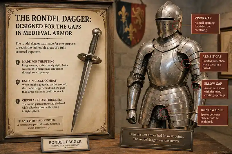 Medieval rondel dagger beside plate armor showing vulnerable gaps