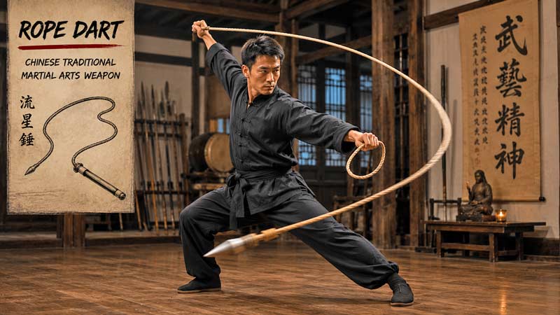 Martial artist demonstrating rope dart training in a traditional dojo showing flowing movement, full-body coordination, and an unusual flexible martial arts weapon