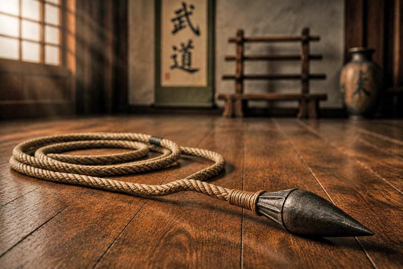 Traditional rope dart coiled on a dojo floor with weighted dart tip in warm cinematic lighting.
