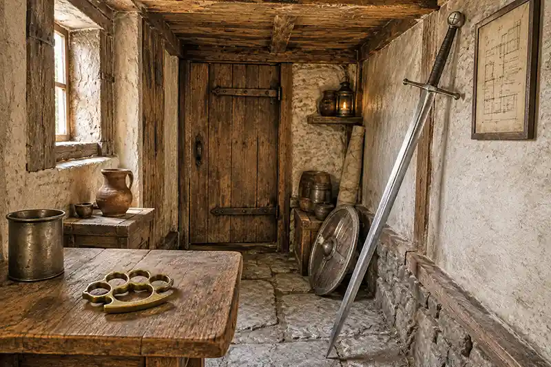 Knuckle duster and long sword inside a cramped medieval room