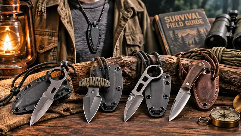 Collection of compact neck knives with leather and Kydex sheaths displayed alongside survival gear and outdoor equipment.