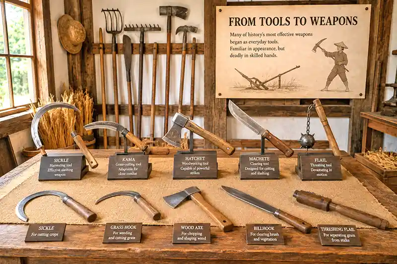 Historical farming tools displayed alongside weapon adaptations including kama, hatchets, and flails