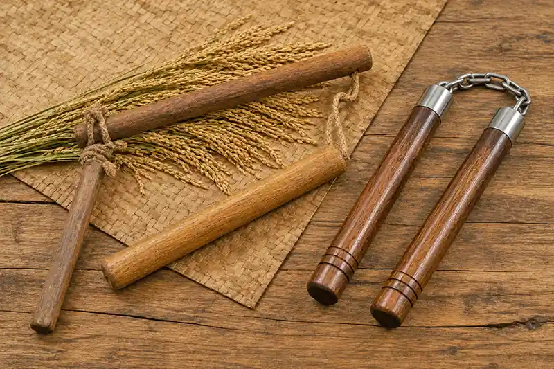 Traditional agricultural flail displayed beside wooden nunchaku and harvested rice stalks