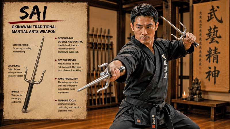 Martial artist demonstrating traditional sai techniques in a dojo with infographic explaining the weapon's defensive purpose, control, trapping, and Okinawan martial arts training
