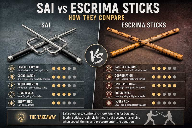 Comparison infographic showing sai and escrima sticks with ratings for learning difficulty, coordination, speed, forgiveness, and injury risk.