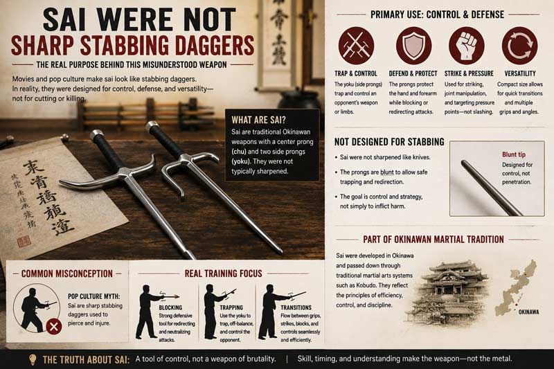 Traditional sai weapons infographic explaining their real purpose for defense, control, trapping, and Okinawan martial arts training rather than stabbing use