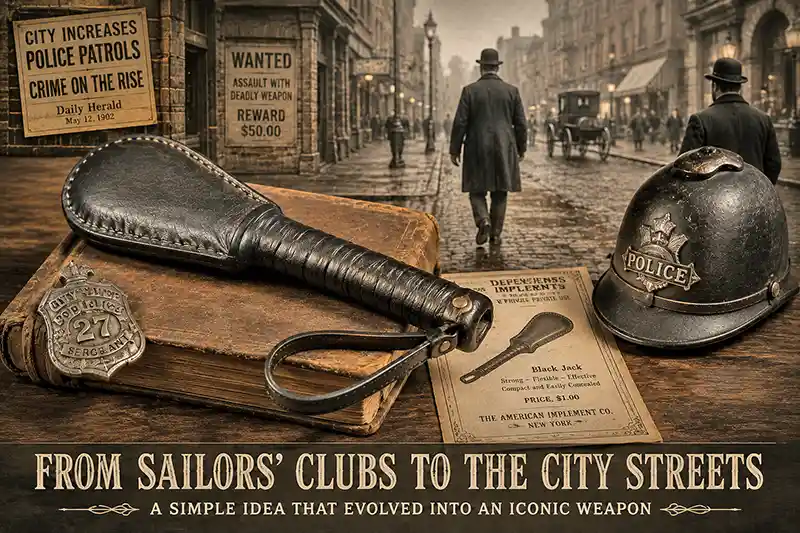 Antique blackjack and police gear on an early 1900s city street