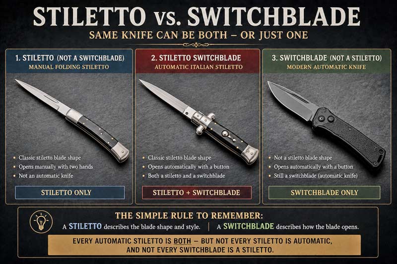 Comparison of a manual stiletto, an automatic stiletto, and a modern switchblade knife