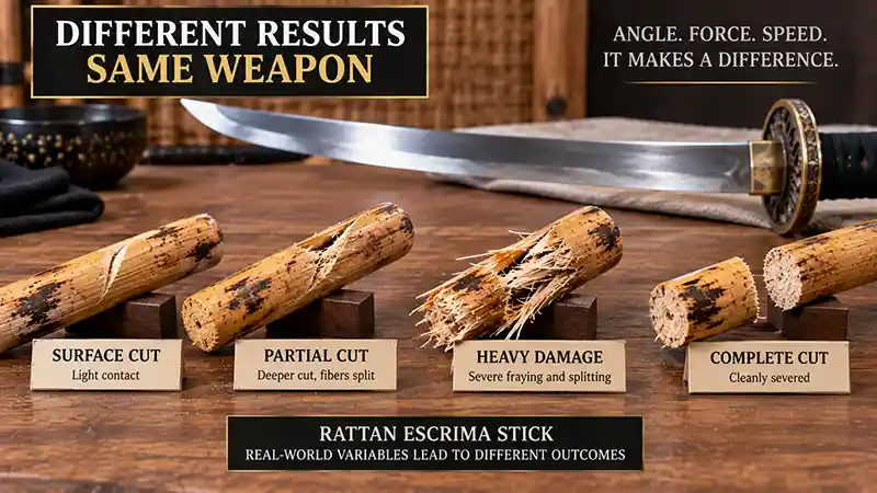 Rattan escrima sticks showing different levels of sword damage from surface cuts to complete severing