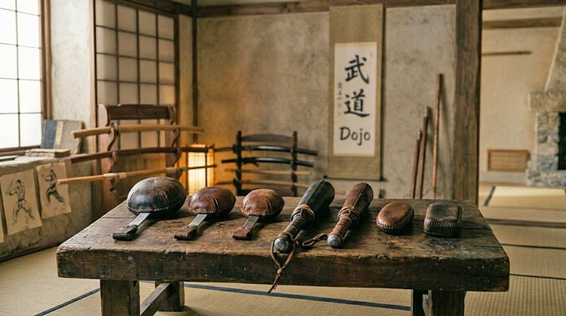 Traditional leather slap jacks, blackjacks, and sap tools displayed side by side on a wooden surface in a historical setting