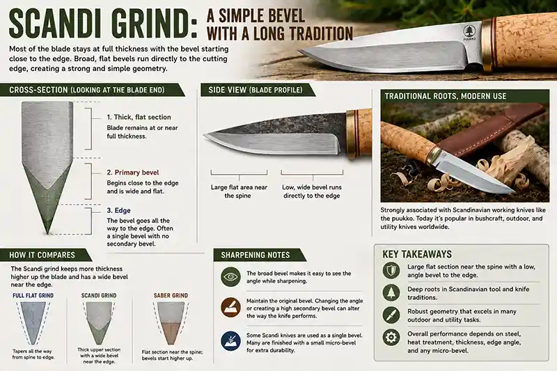 Scandi knife grind showing its low, wide bevel and cross-section