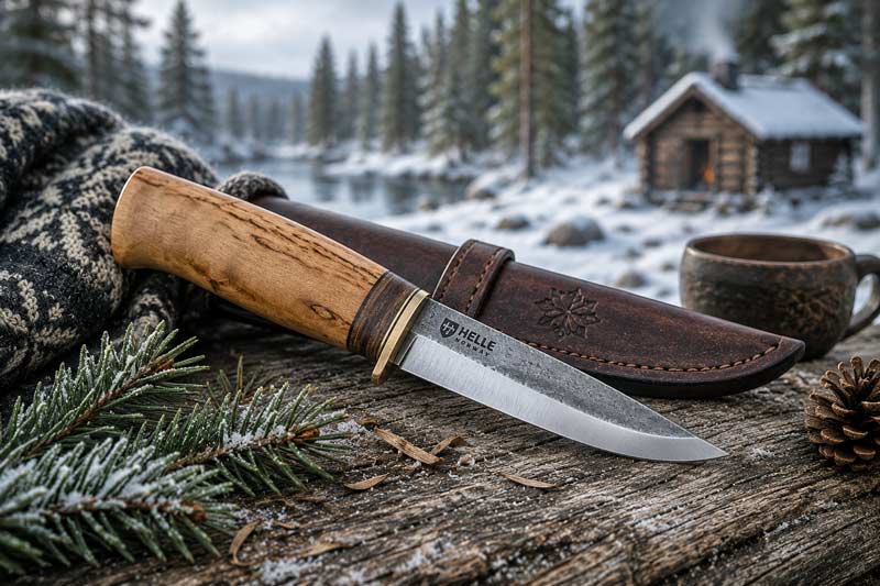 Scandinavian puukko knife displayed on weathered wood with snowy pine forest, leather sheath, and rustic cabin atmosphere.