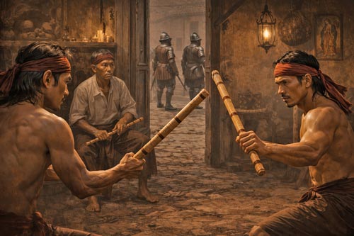 Filipino martial artists secretly training with Escrima sticks during Spanish rule.
