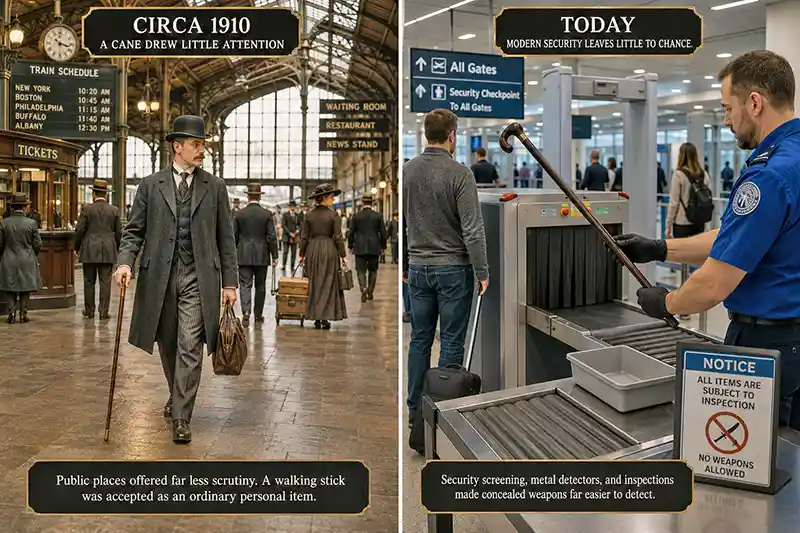 Early 1900s train traveler carrying a cane compared with modern airport security inspecting one
