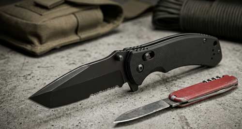 Tactical black folding blade compared to a red utility pocket knife on a concrete background.