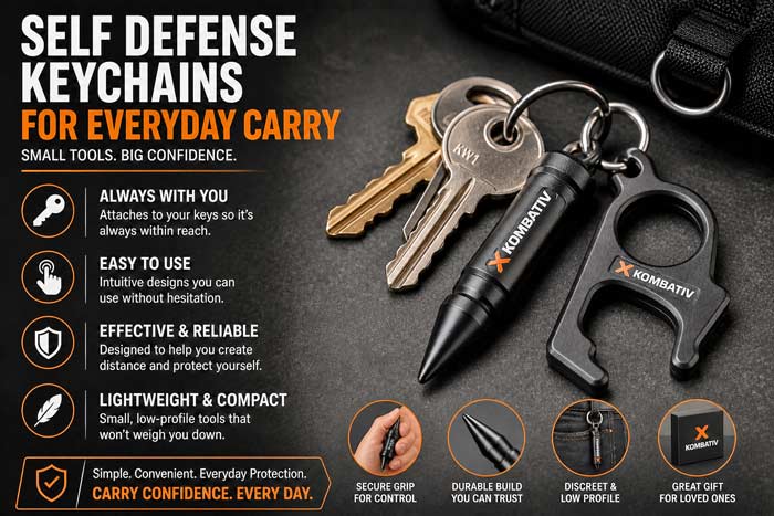 Infographic showing self defense keychain tools attached to keys, highlighting portability, ease of use, and everyday carry convenience