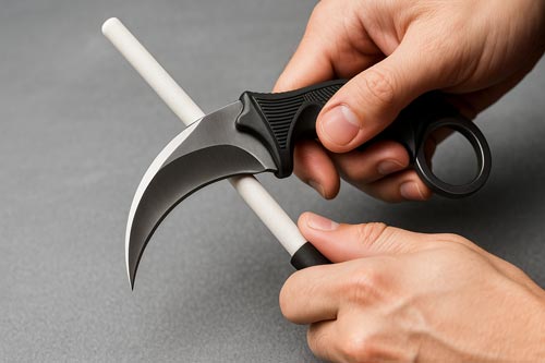 Person sharpening a karambit knife.
