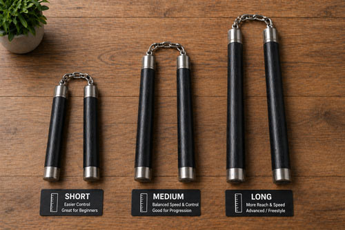 Nunchaku length comparison on wooden table