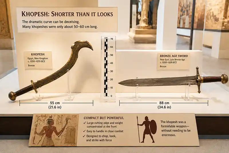 Khopesh and Bronze Age sword displayed with size measurements