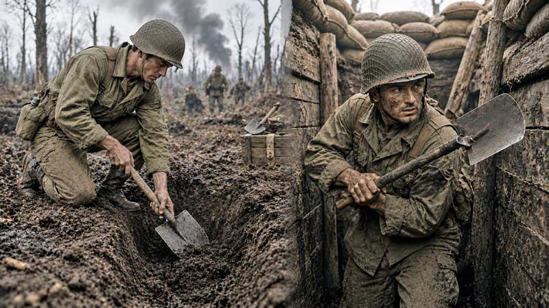 Soldier digging a foxhole and gripping an entrenching tool in a trench